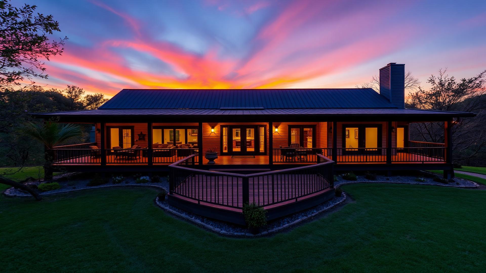 Texas Hill Country home with finished deck at sunset