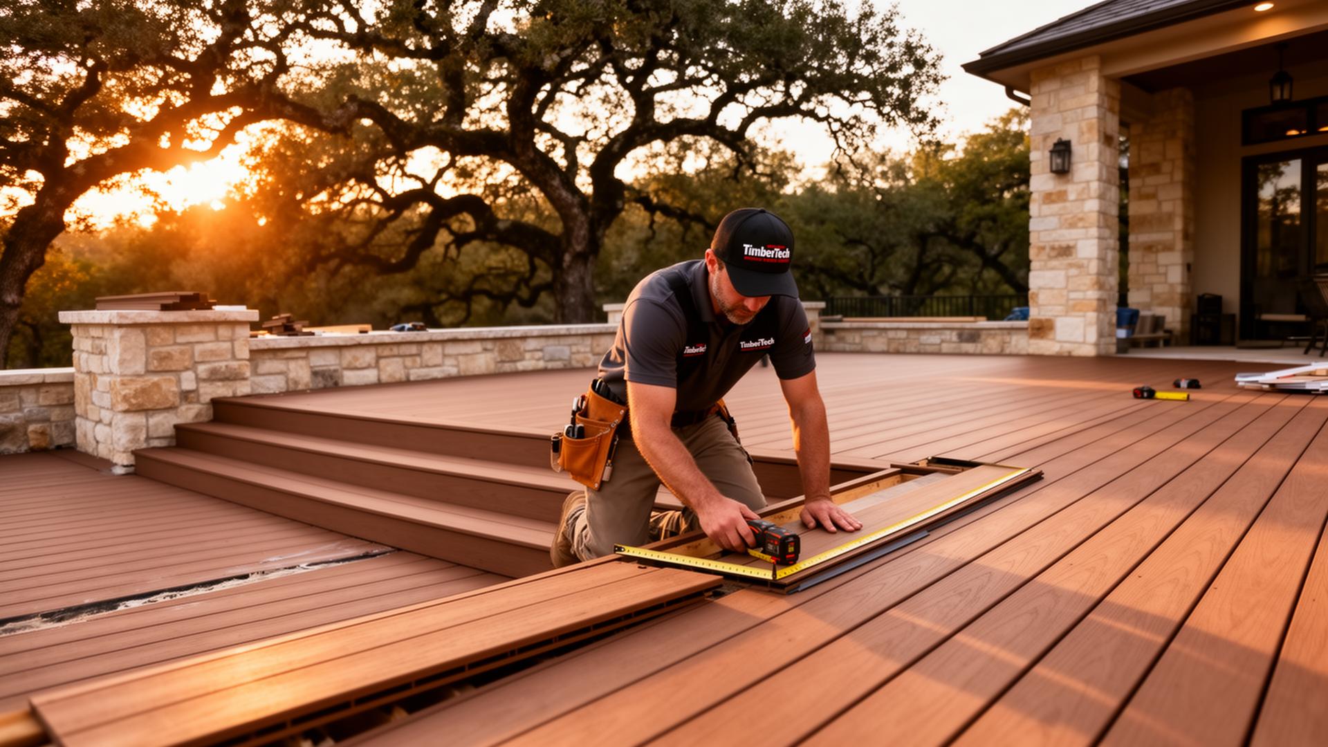 Certified deck builder installing a composite deck in the Texas Hill Country at sunset
